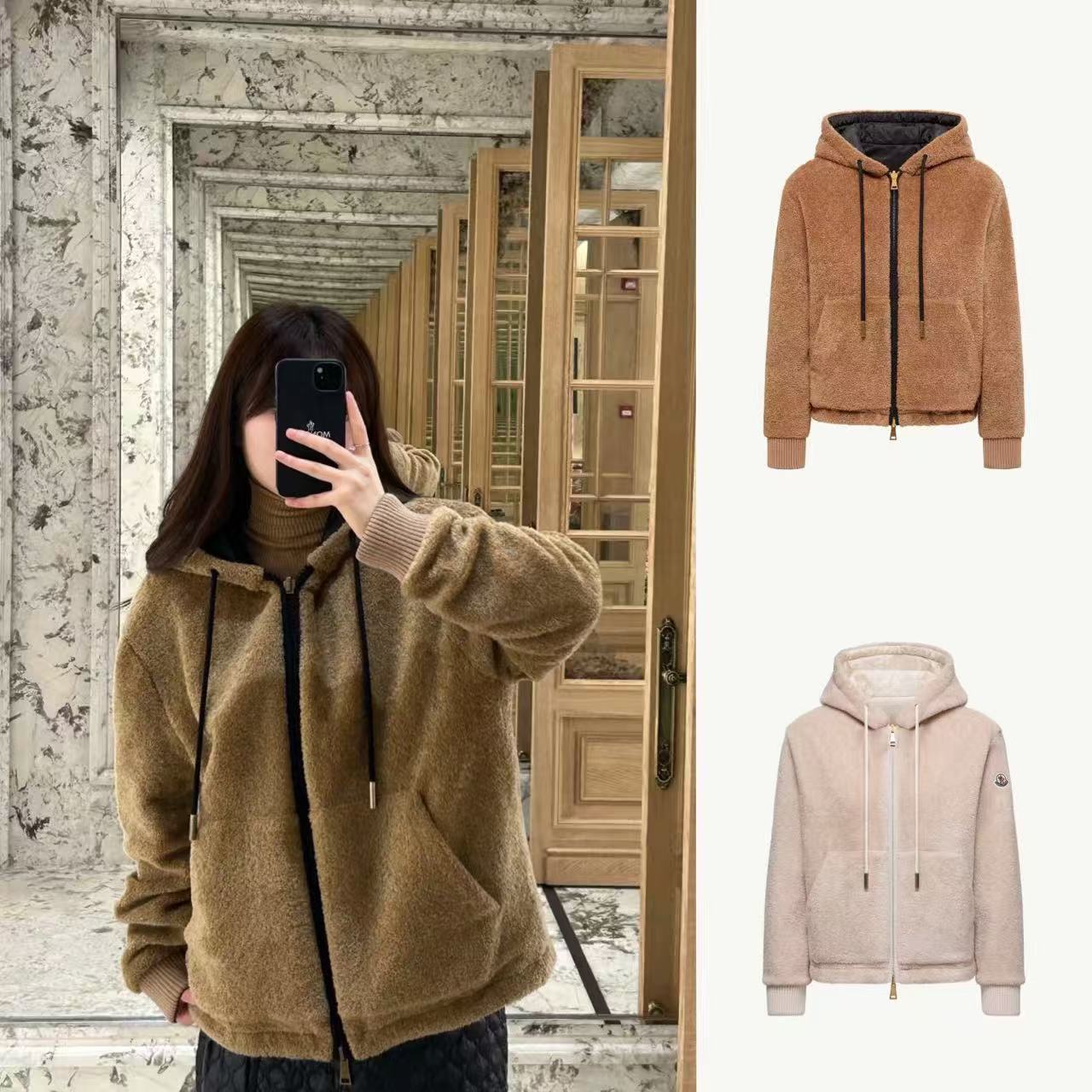 未使用 MONCLER/蒙口  25秋冬女士双面泰迪绒加羽绒衬连帽卫衣 