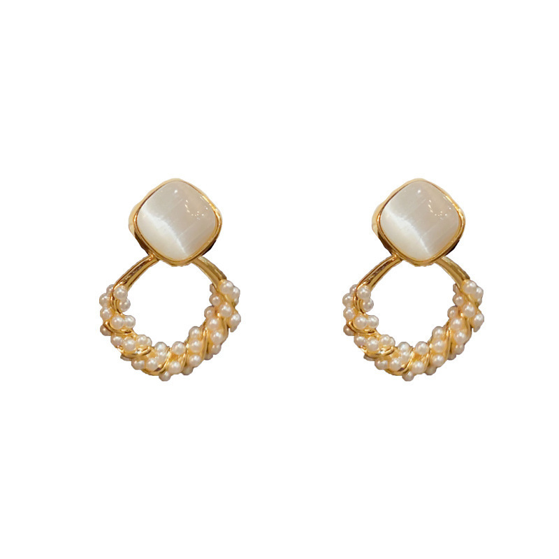 合金无非金属耳饰 法式温柔气质猫眼石几何形耳环女轻奢小众高级