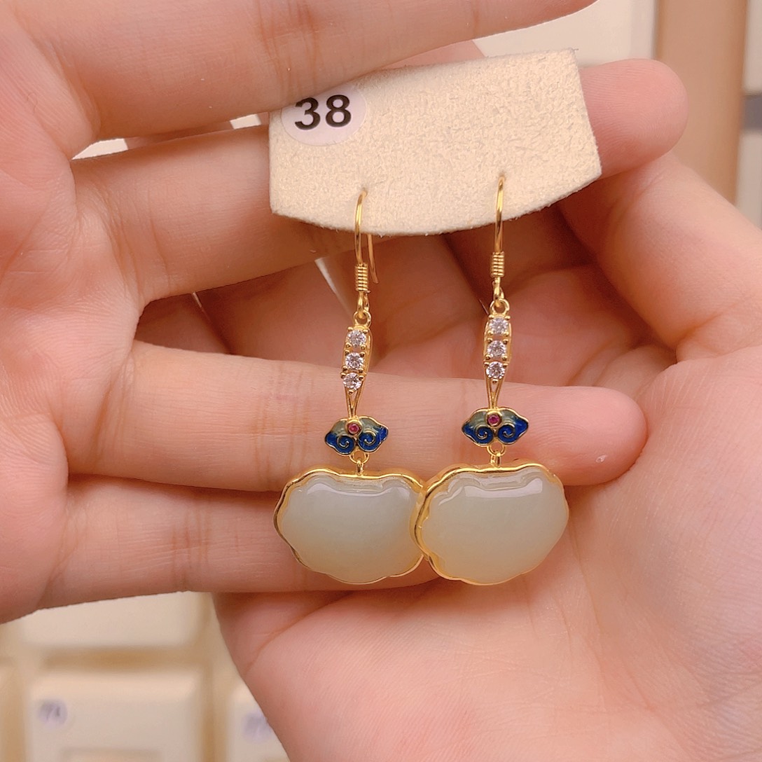 和田玉耳饰银S925镀金镶嵌