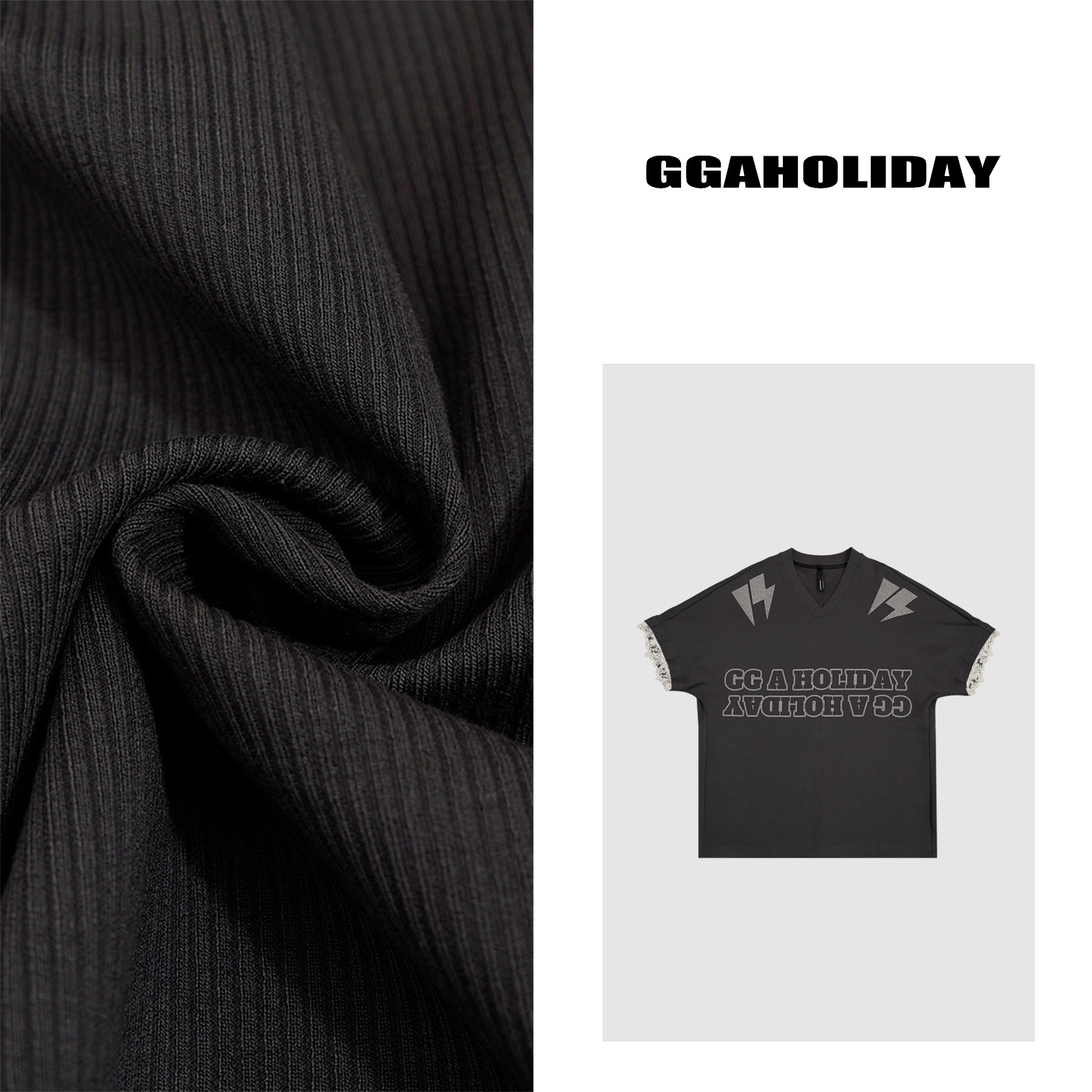 GGAHOLIDAY新款高级宽松休闲时尚V领+蕾丝简约百搭显瘦T恤-152373