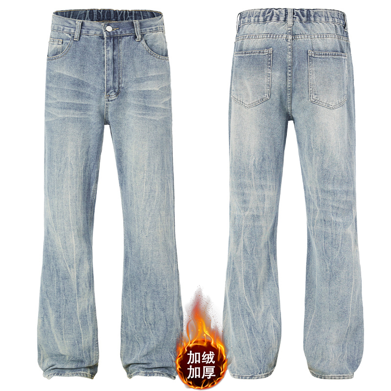 2025秋冬美式cleanfit半松紧腰水洗浅蓝牛仔裤男生宽松直筒微喇裤