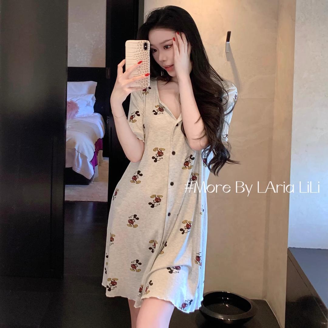 韩版卡通米奇纯欲风中长款睡裙女带胸垫夏季开衫薄款可外穿家居服