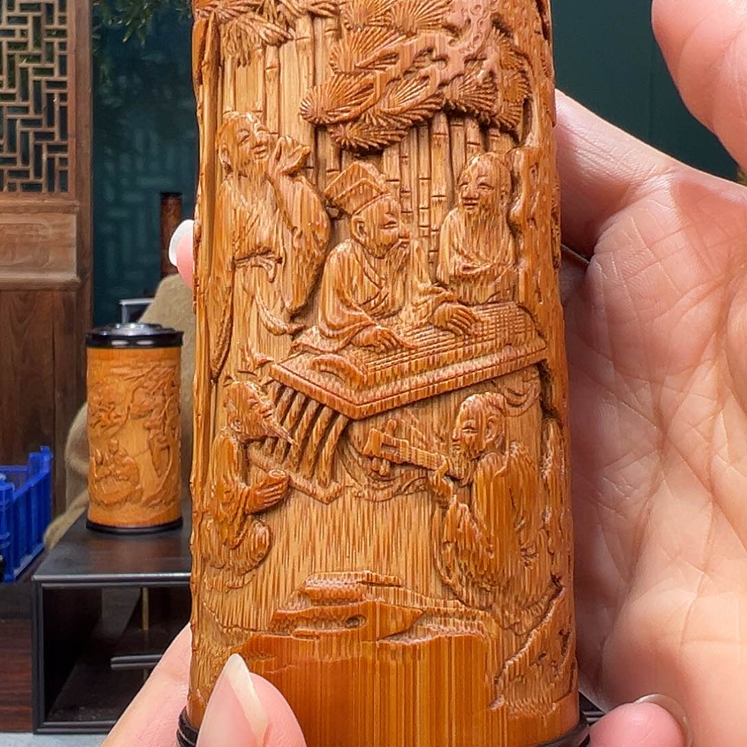 竹竹雕茶叶罐竹林七贤