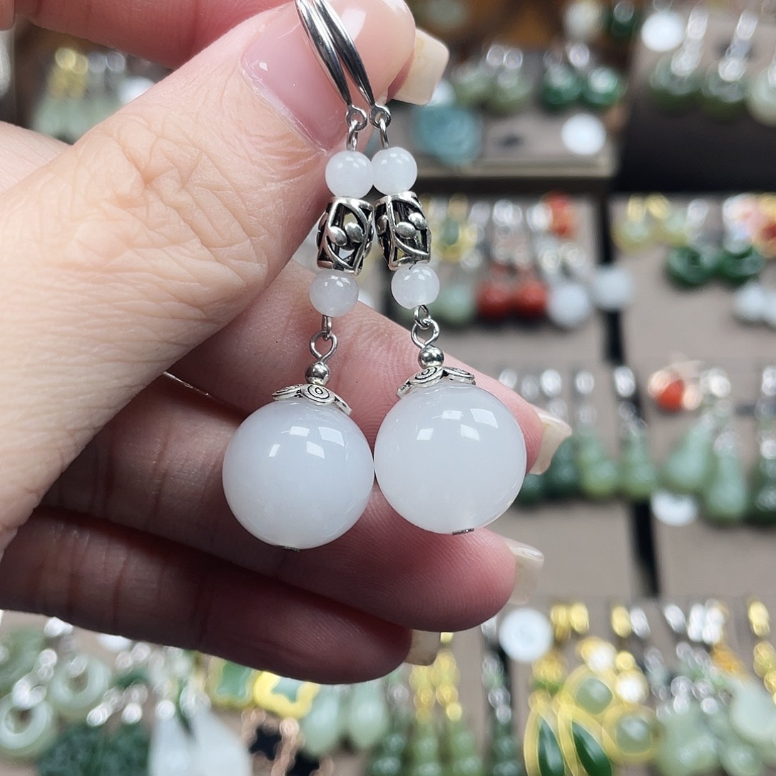 和田玉银S925镶嵌耳饰圆珠卡16