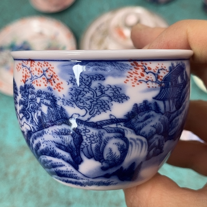 摆件陶红稀土山水釉里红大缸杯