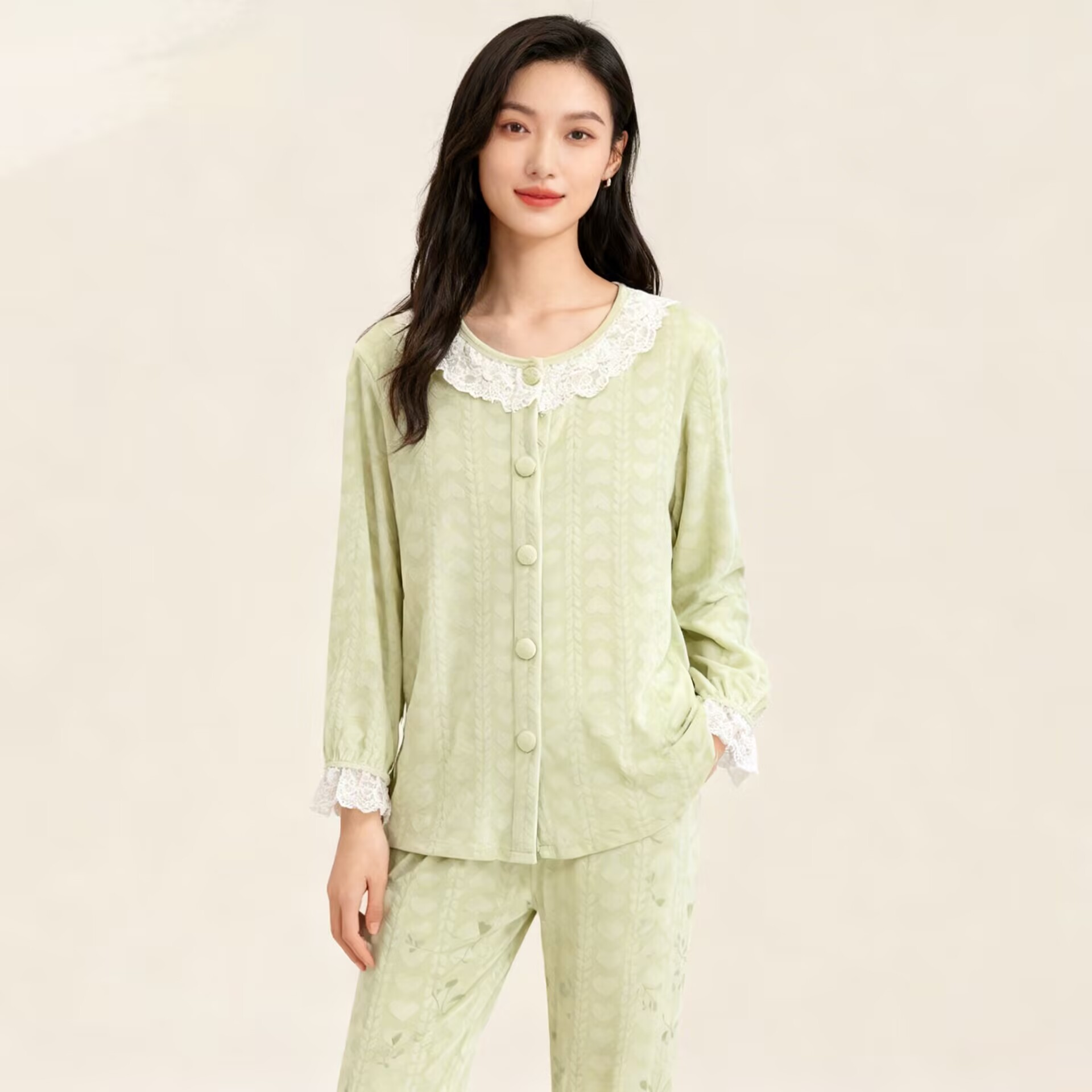 双面海岛绒秋冬季睡衣法式高级感宽松蕾丝边家居服女士套装