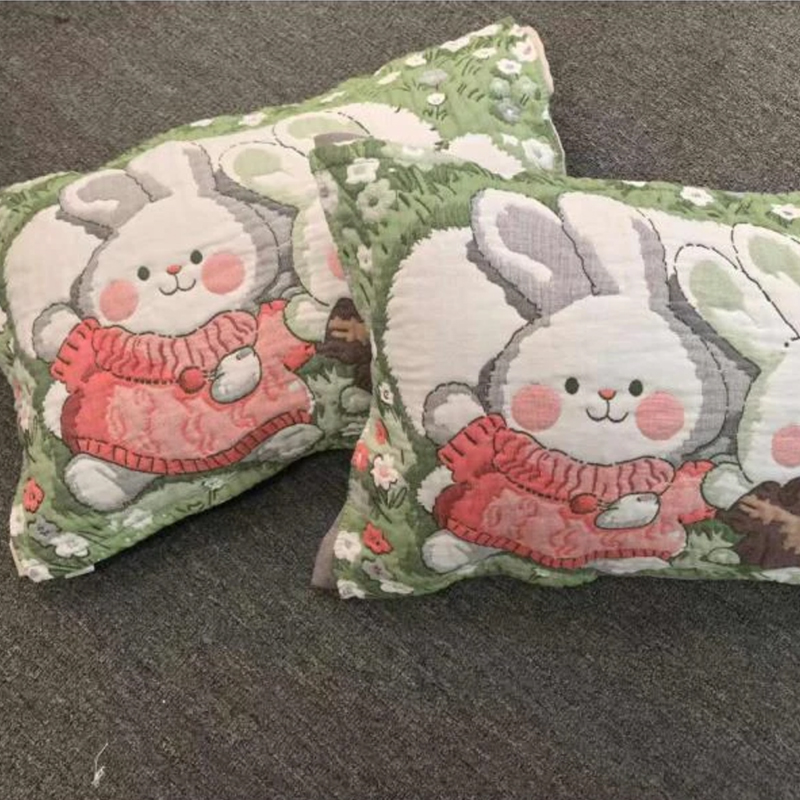 【悠闲伙伴兔】枕巾52×78泡芙纱布一对装成人卡通柔软