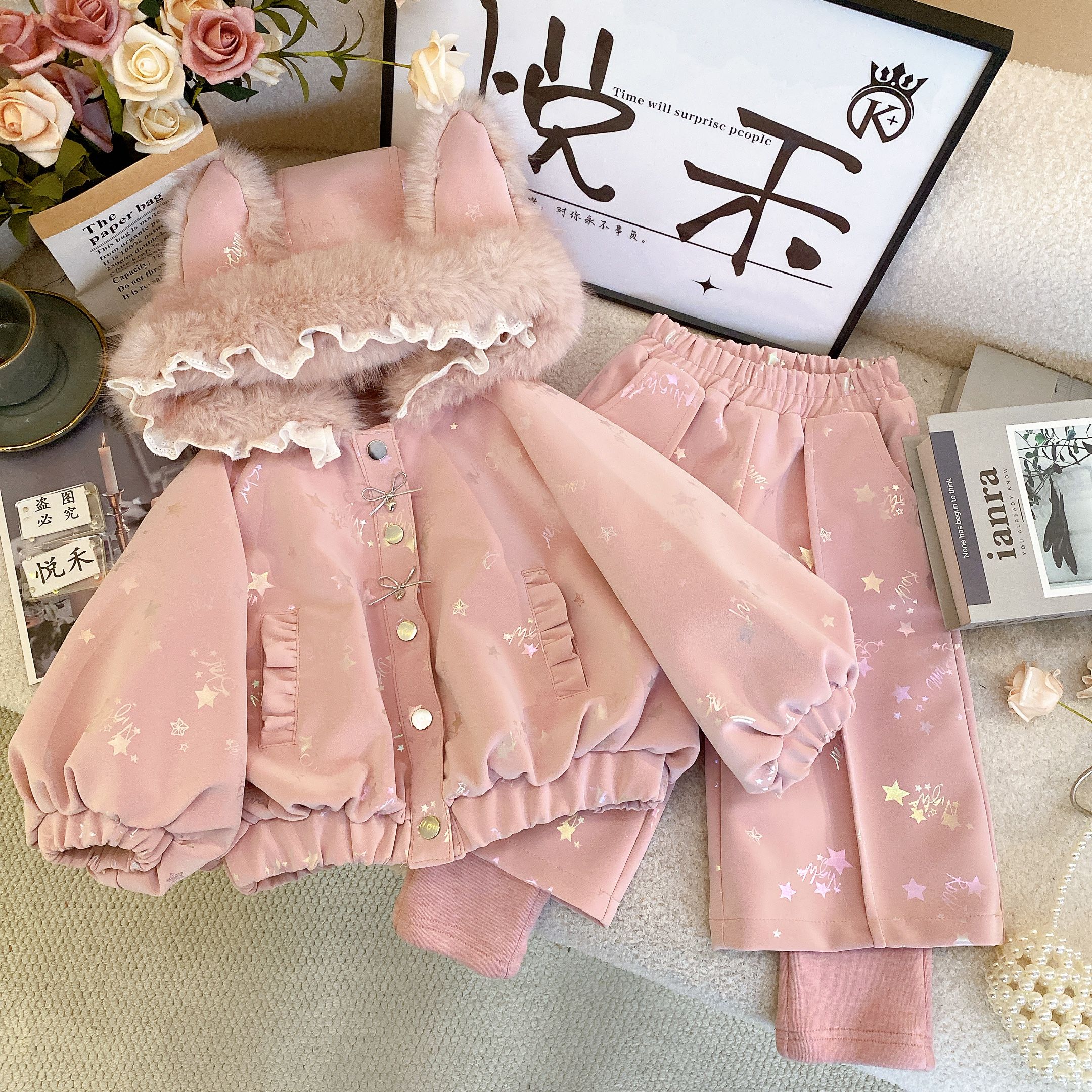 Y2【悦禾】女童新款加绒粉色秋冬韩版百搭洋气套装60271