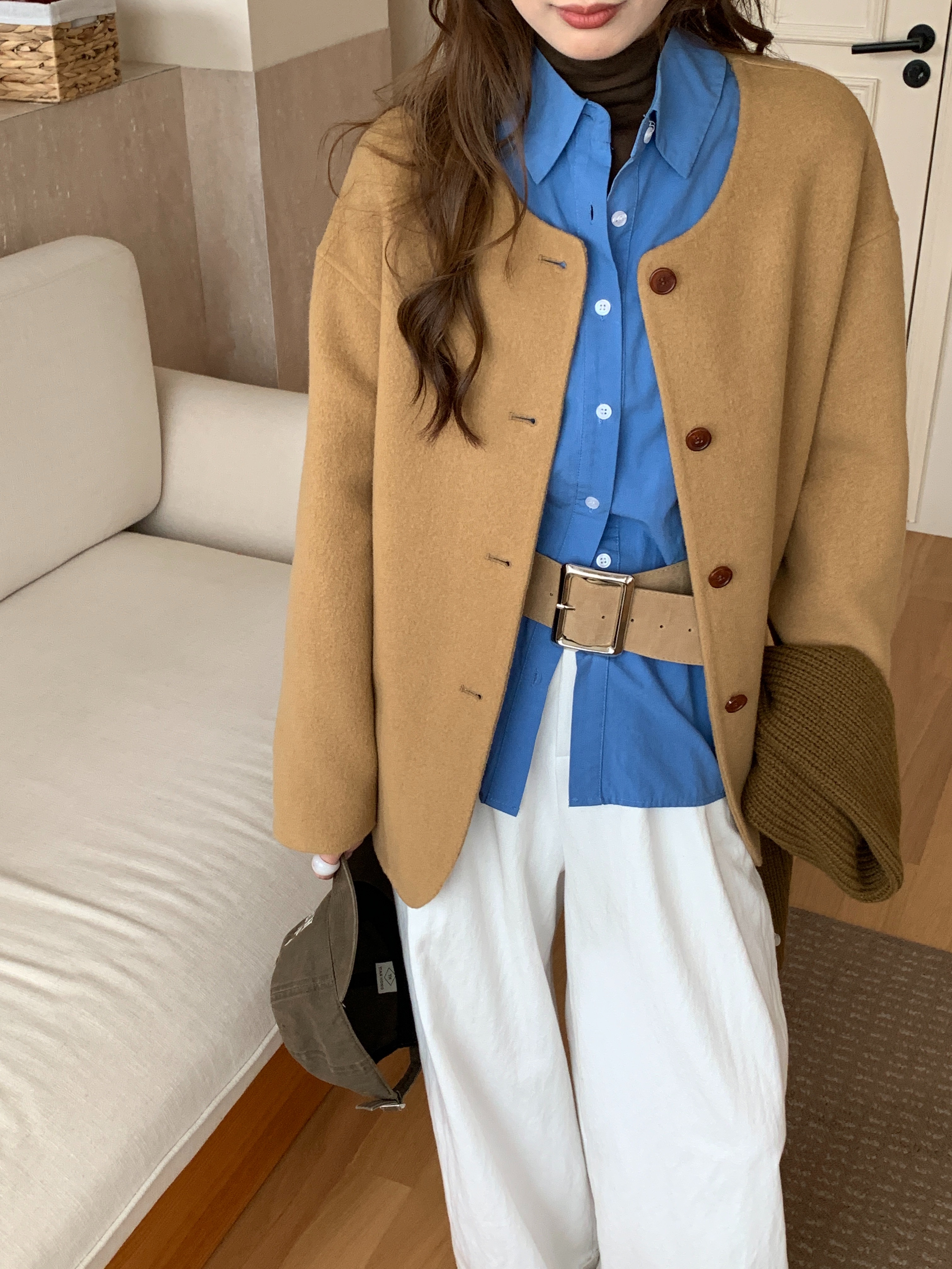 长款宽松型休闲风双面呢冬季加厚毛呢外套6815