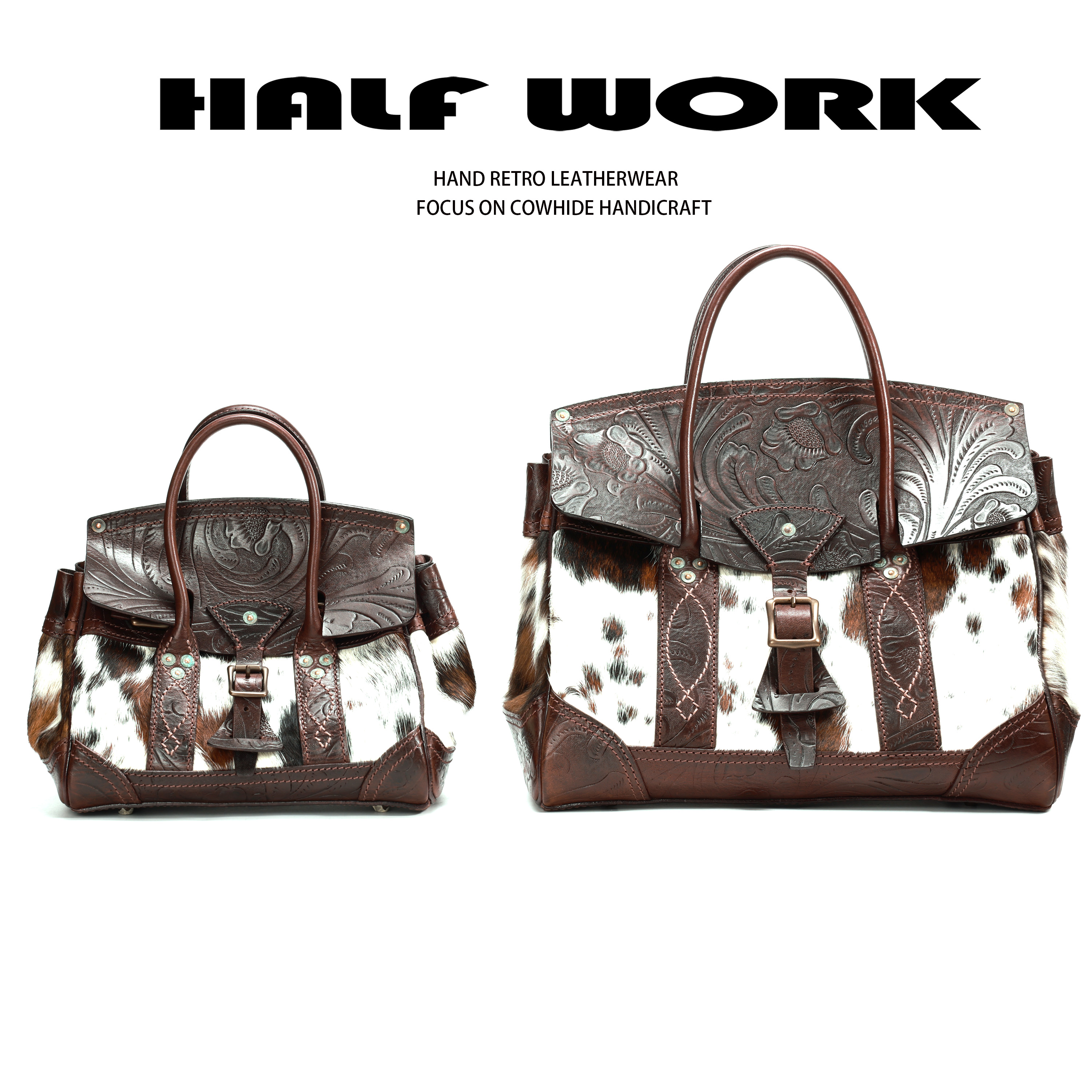 HALF WORK/伴工【高定限量】美式复古头层牛皮小牛毛手提斜跨包3232