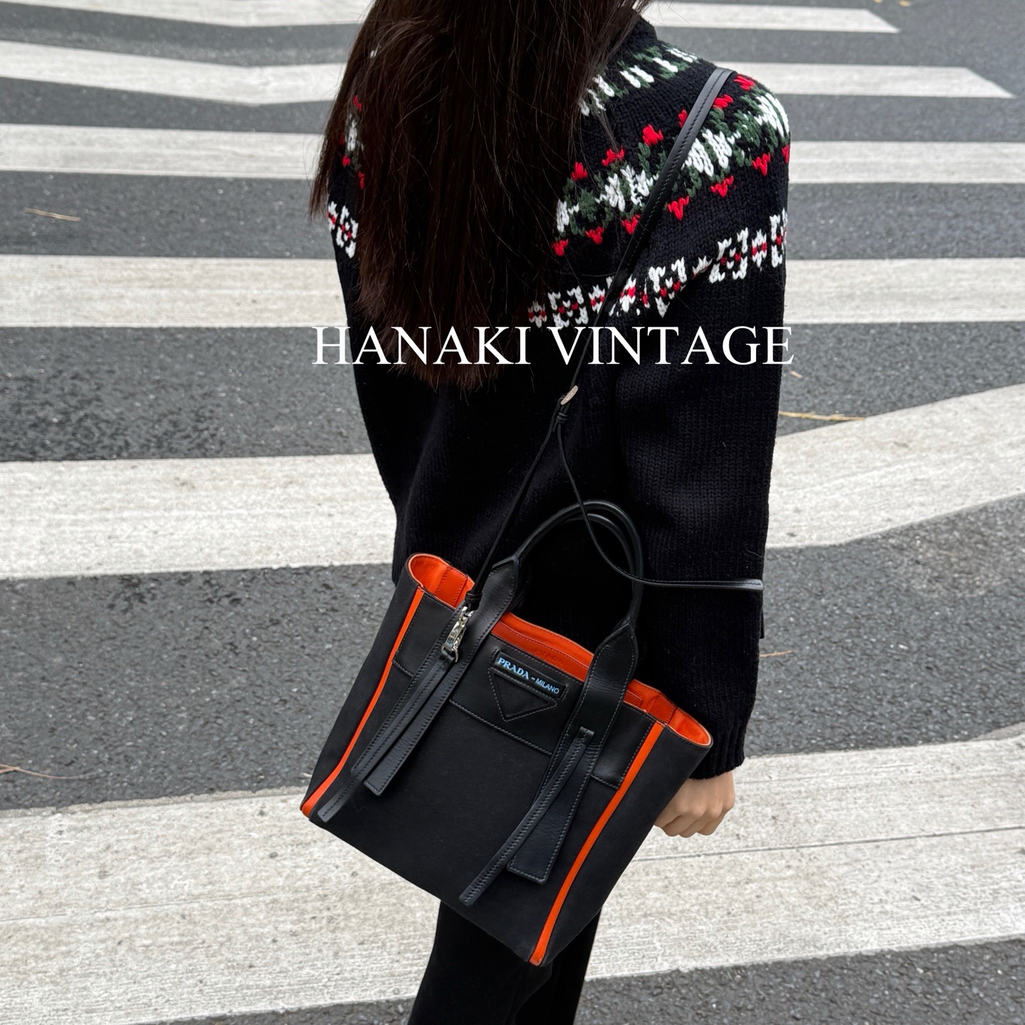 95新 Prada/普拉达 花绮中古/Prada黑橙托特斜挎包