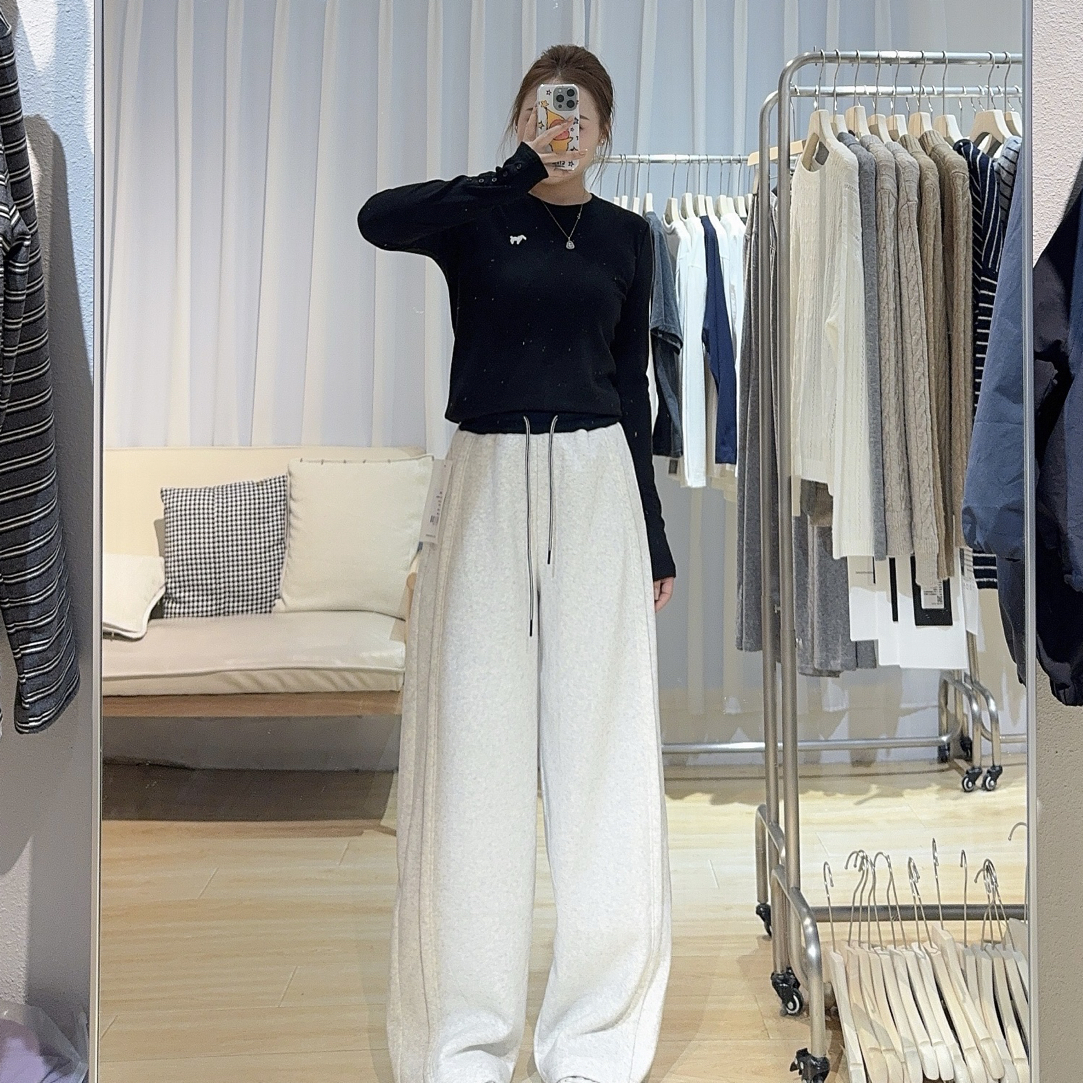 秋冬加绒高腰美式休闲弯刀阔腿女裤显瘦抽绳设计