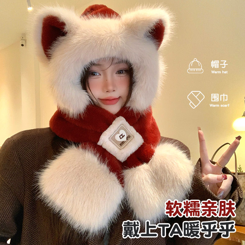 帽子围巾一体女秋冬季保暖加厚连帽围脖护耳帽亲肤骑车防寒围巾帽