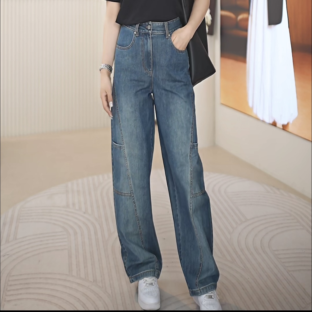 GIRDEAR/哥弟新款百搭高腰休闲复古宽松时尚弯刀裤牛仔裤110040