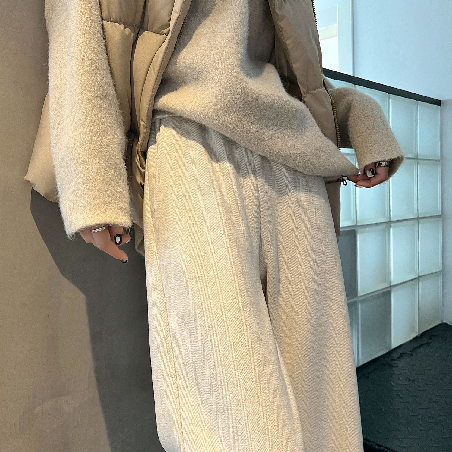 人字纹窄版直筒阔腿裤秋冬新款加绒加厚女裤