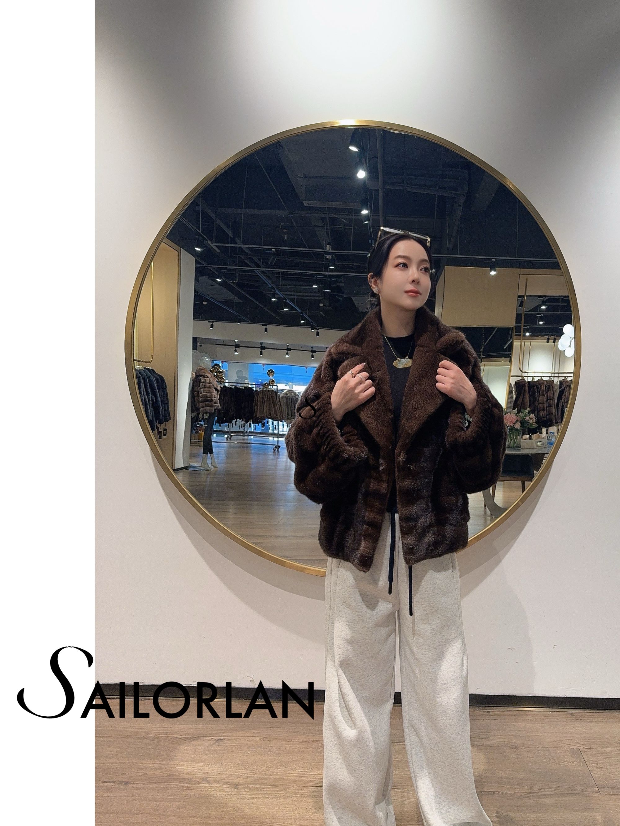 SAILORLAN「赫本的花园」减龄时尚气质貂皮水貂皮草外套水貂皮草女