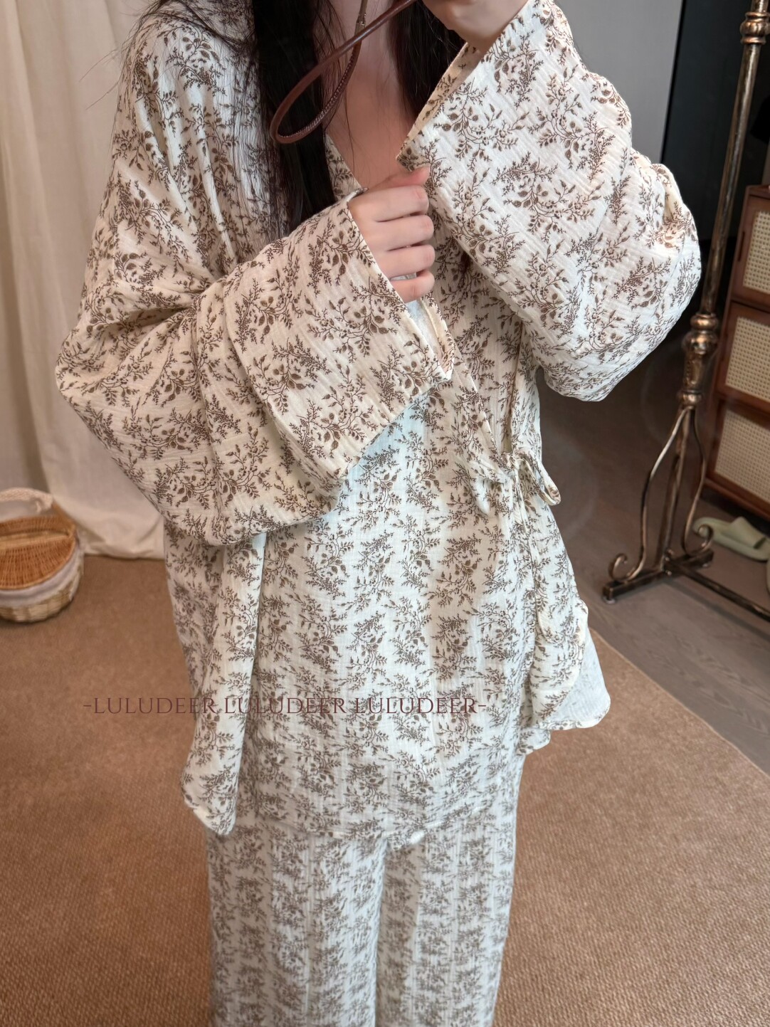 睡衣女韩系可外穿慵懒风碎花长袖系带套装春秋季宽松时尚感家居服