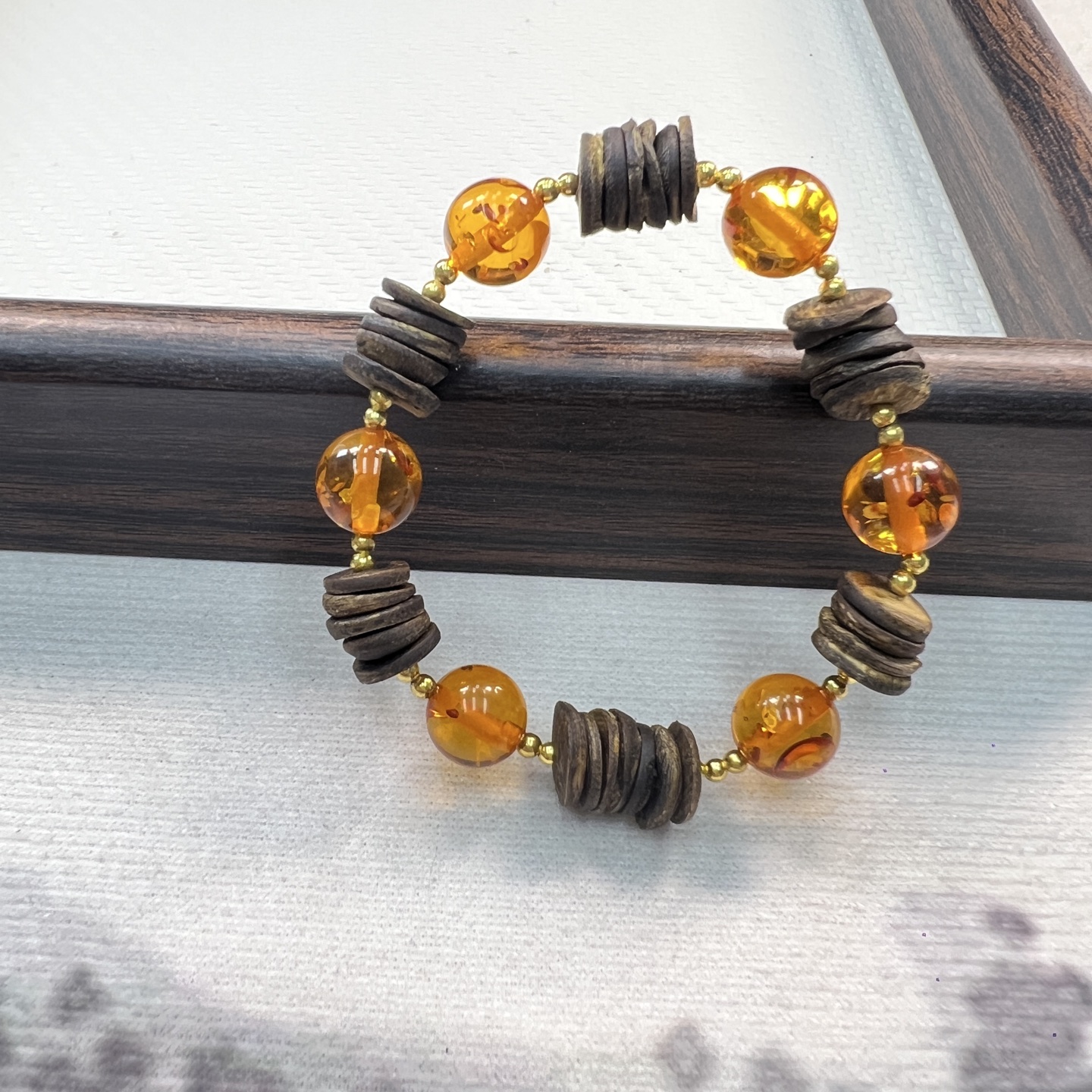 沉香天然奇楠沉香木拼接花珀手链国风小众设计手饰串046