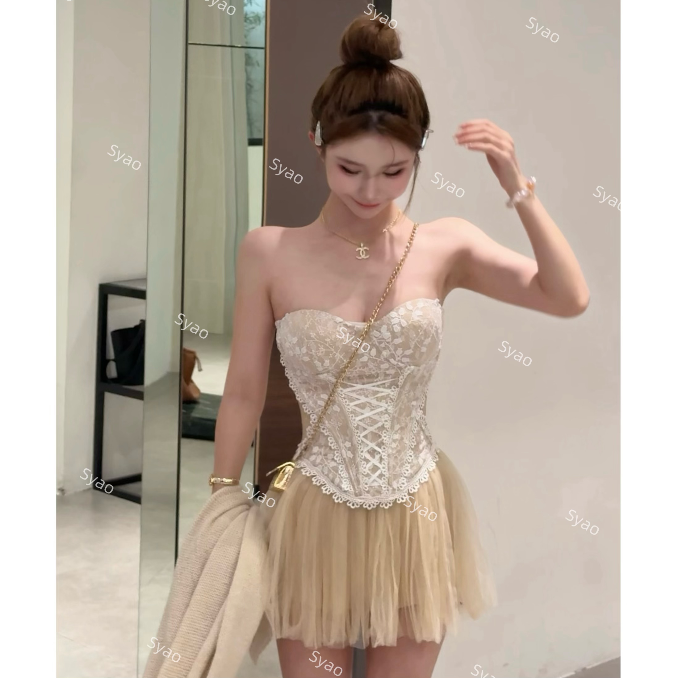 思瑶【芭蕾音乐盒】蕾丝绑带吊带抹胸背心搭网纱半裙针织外套#0907