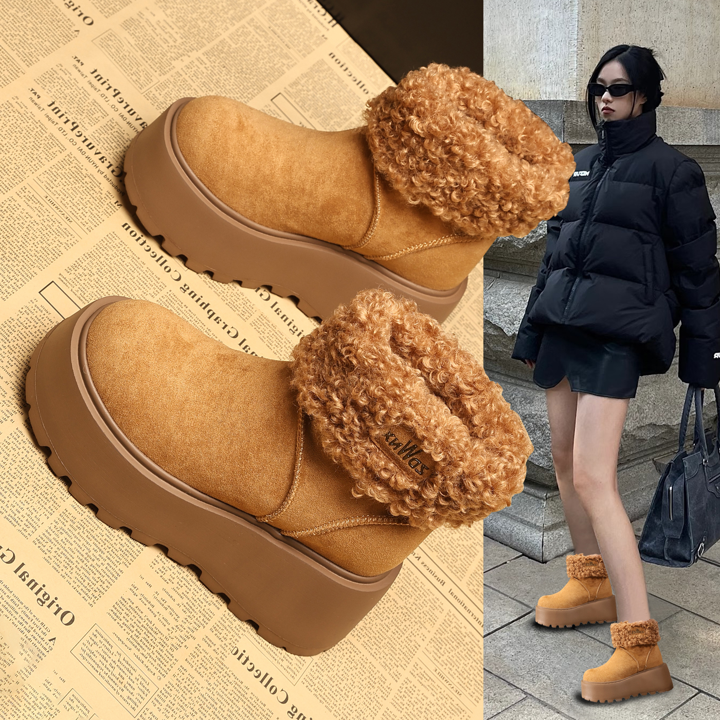 6091-18厚底加绒雪地靴子女2025冬季新款内增高防滑保暖短靴棉鞋