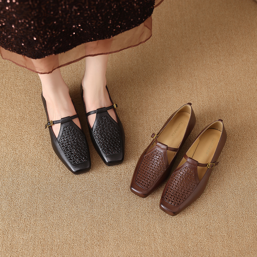 H158-132夏季新款简约大气镂空单鞋透气时尚大气低跟舒适真皮女鞋