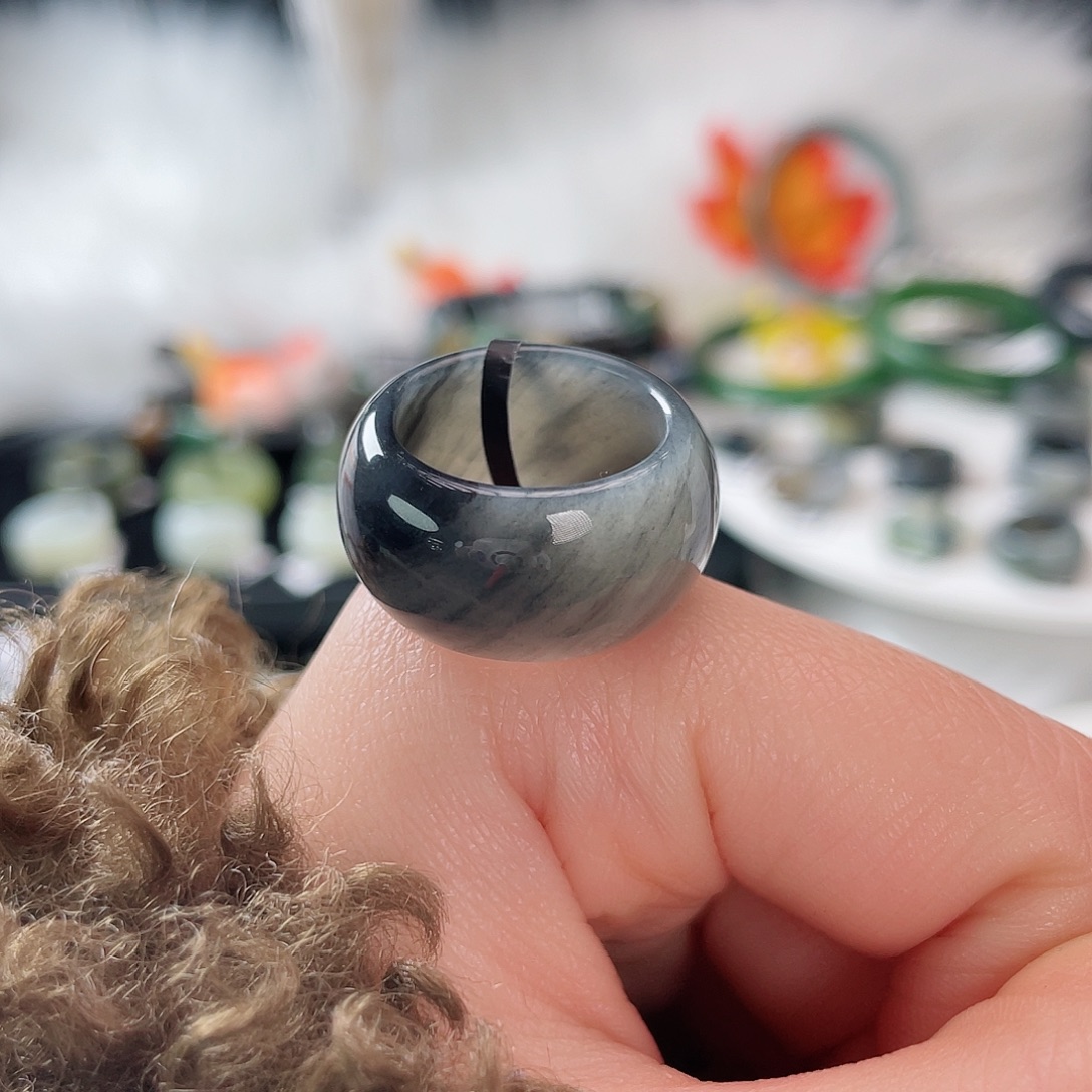 和田玉未镶嵌戒指k87黑青花墩墩16.8mm