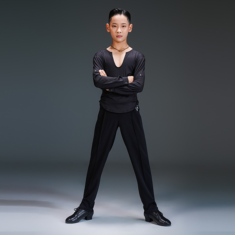 FZS DANCE NS049拉丁秋款男竖纹牛奶丝V领长袖上衣练功服 黑白