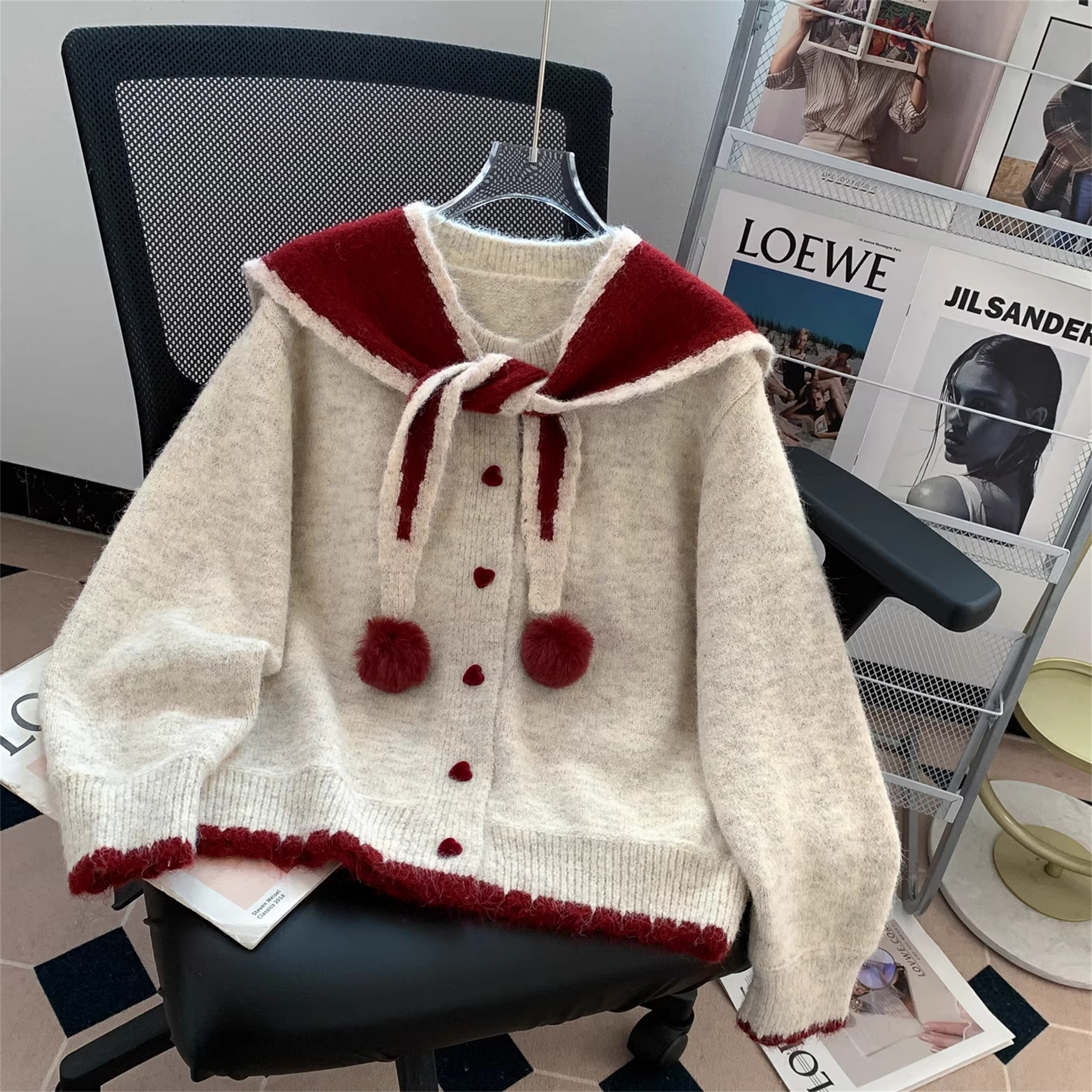 大码胖MM披肩海军领针织开衫女装秋冬学院风减龄百搭宽松毛衣外套