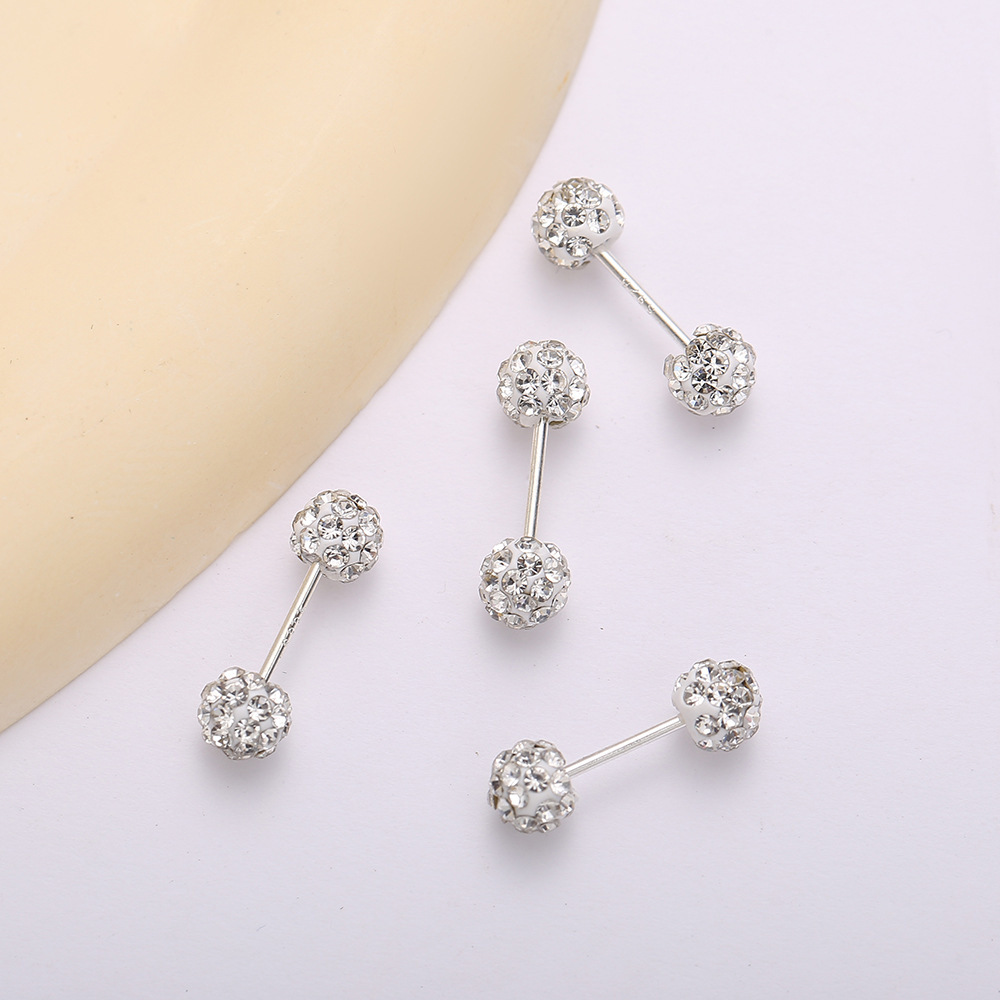 足银耳饰 纯银925新款超闪圆球耳钉女养耳洞防丢螺丝耳骨钉