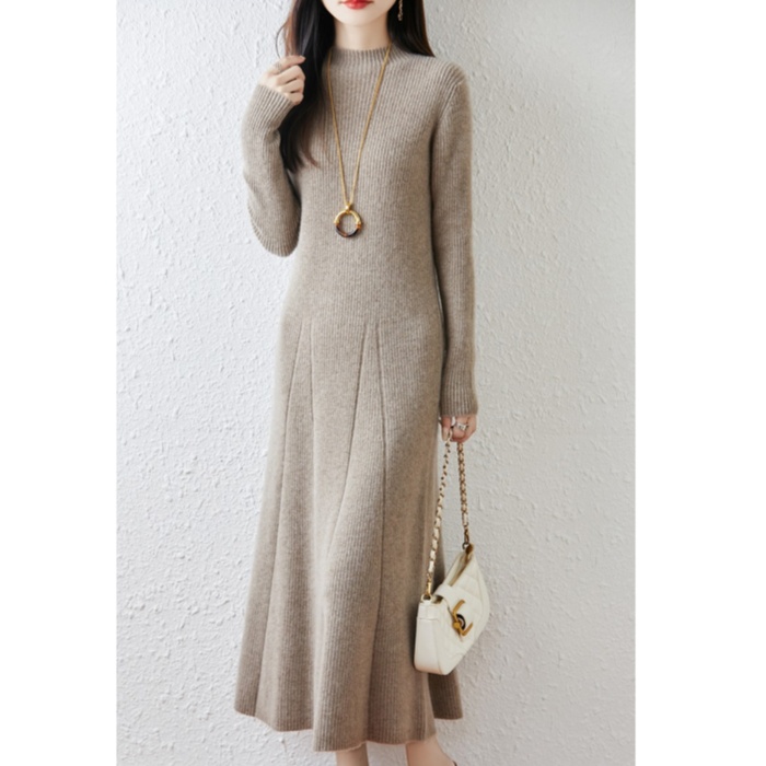 100羊毛加厚中长款打底连衣裙显瘦羊毛连衣裙中长裙宽松Y2567