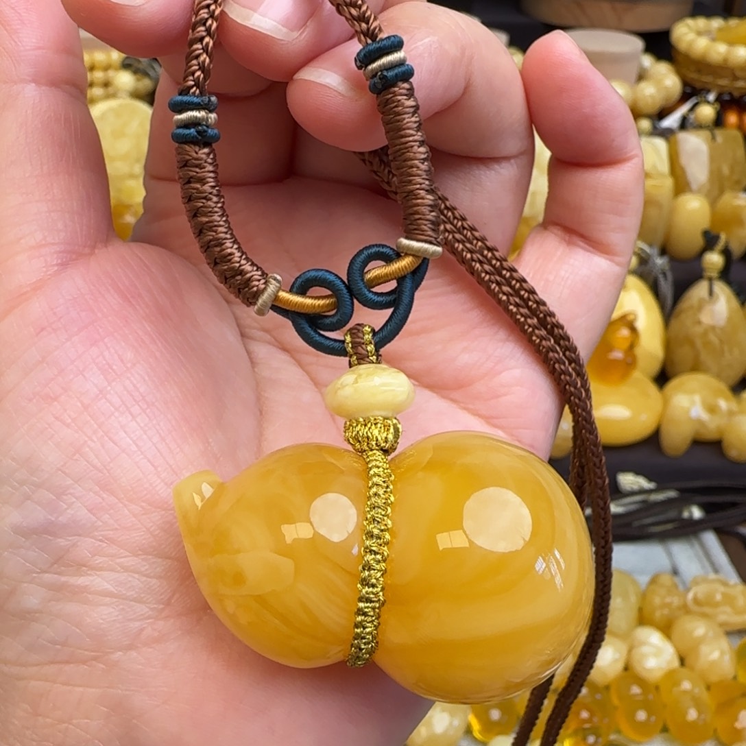 琥珀套链未镶嵌天然焦皮料蜜蜡葫芦吊坠