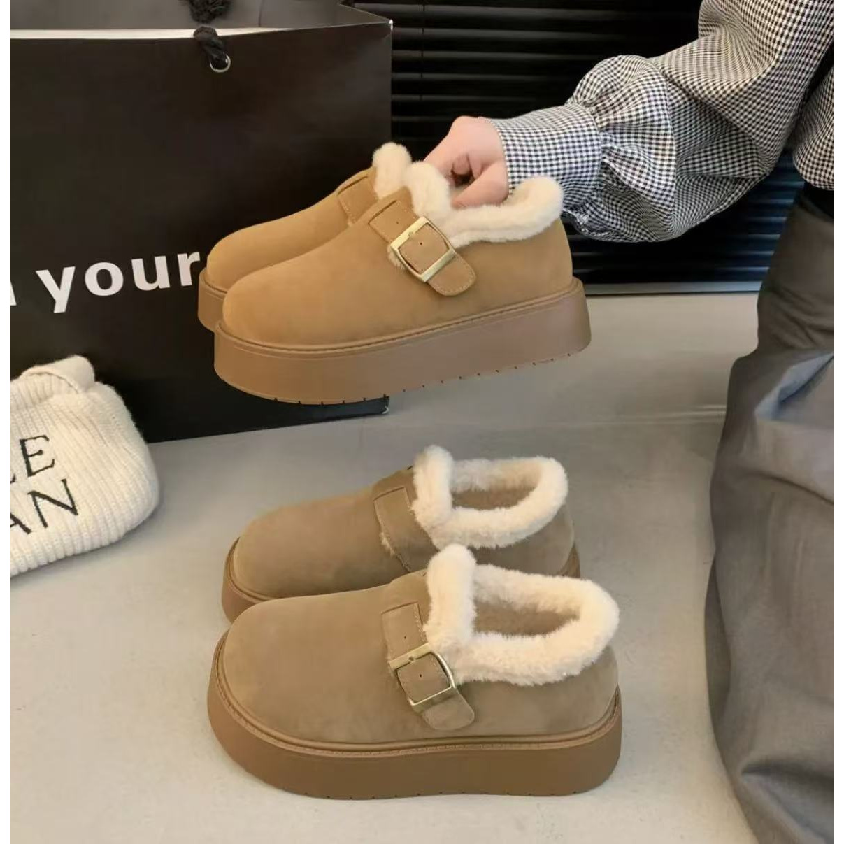 厚底加绒乐福鞋女款保暖雪地靴女2025新款冬季一脚蹬乐福棉鞋