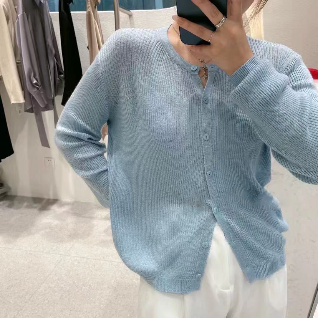 【天蓝细条小开衫】巨好看！欧若风春装韩标抽条糖果针织小开衫女