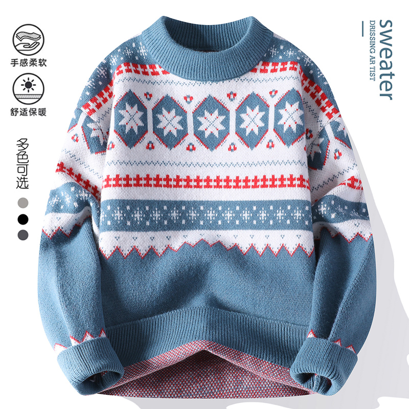 【高品质】2025秋冬季潮流印花套头毛衣男士休闲宽松针织衫Y1752