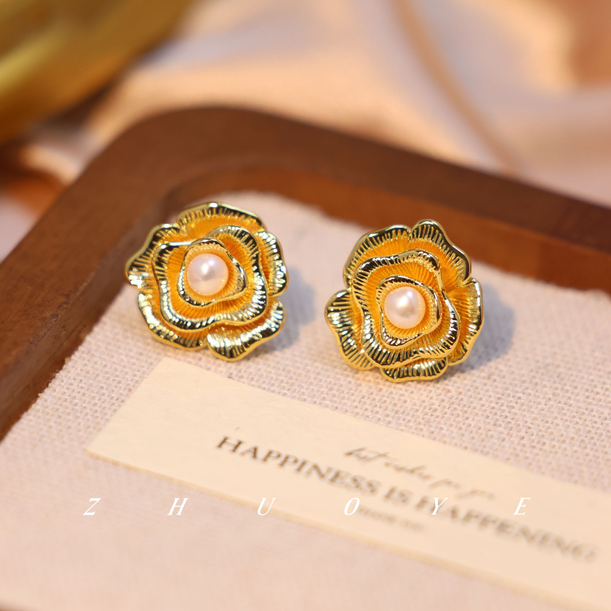 铜合金耳饰 灼晔·芳华予风月 金色贵气牡丹花高级定制耳钉