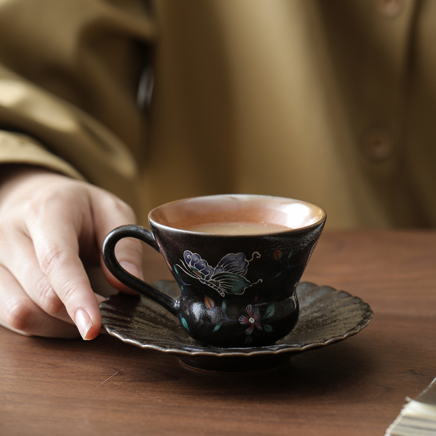 复古陶瓷咖啡杯碟套装黑釉蝴蝶茶咖杯马克杯家用茶杯办公室杯子