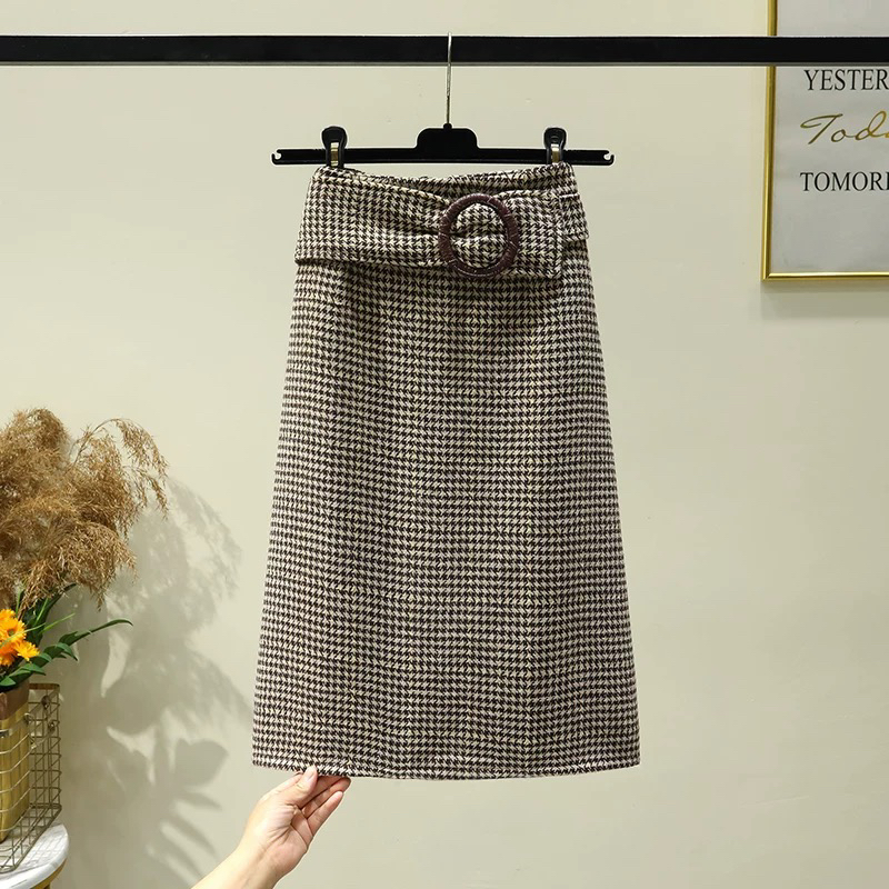 【Z2372】女士显瘦中长款千鸟格半身裙L5