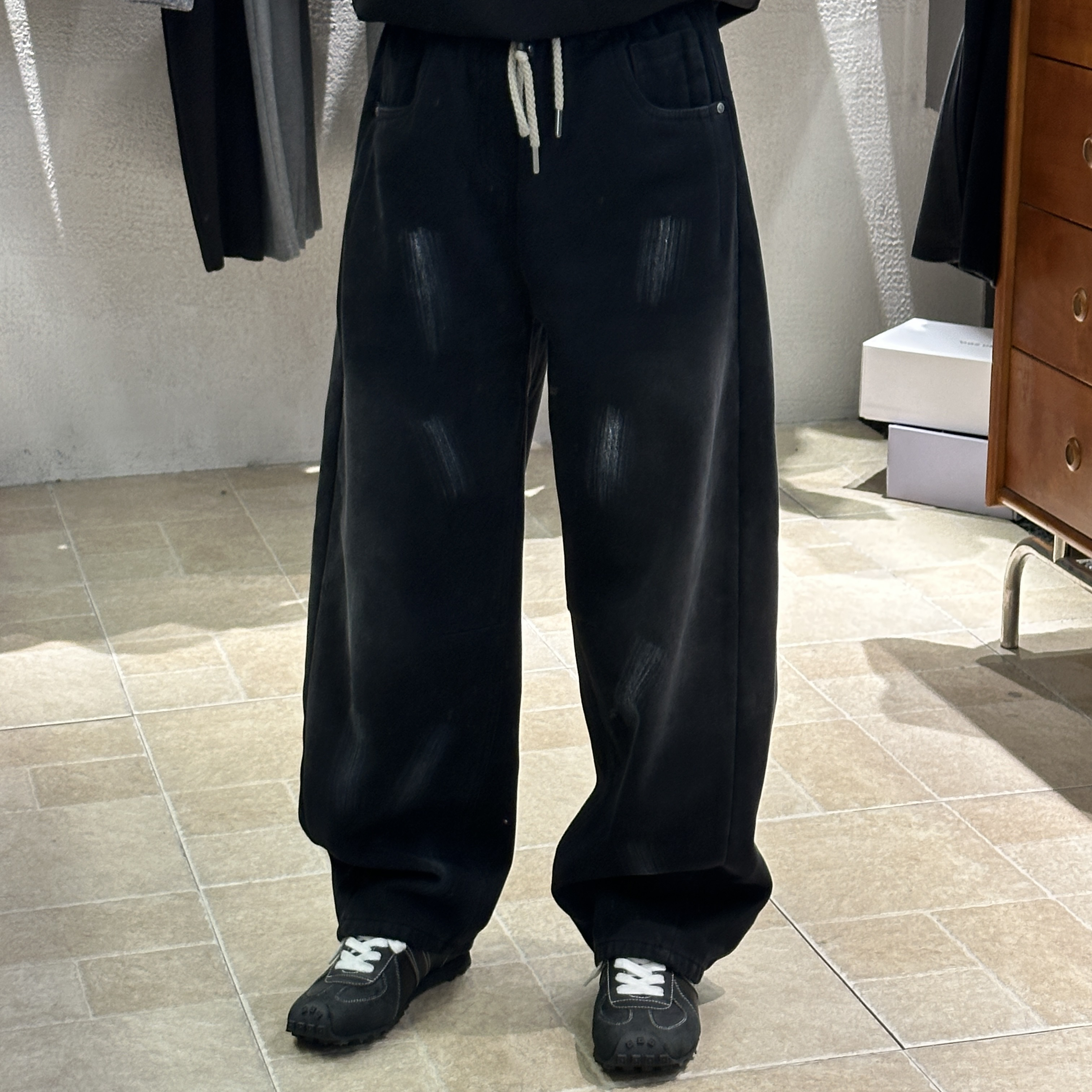 Sufeng宽松洗水复古手工刷漆工艺加绒100棉牛仔裤70085