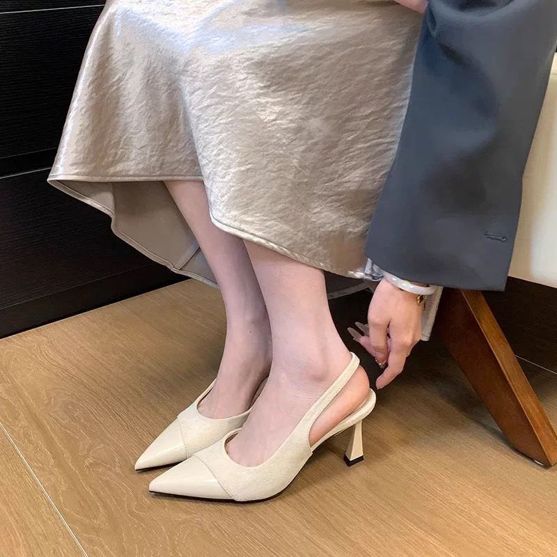 包头法式包头凉鞋仙女风时装凉鞋裸色细跟中跟浅口百搭性感