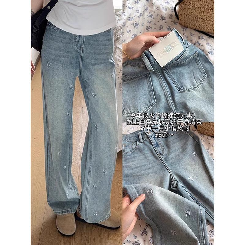 阔腿裤高腰松弛刺绣通勤风牛仔裤复古皮标微喇时尚