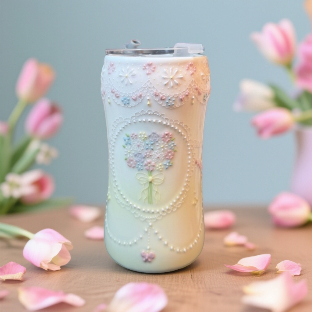 手绘釉下彩立体点花高颜值陶瓷吸管杯可爱水杯精致送礼带盖