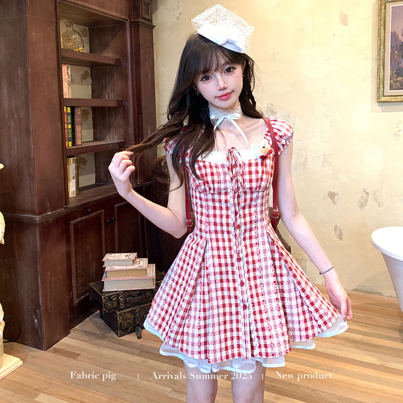 冰莓物语 织物猪原创 甜美可爱格子连衣裙女夏季红色收腰短裙