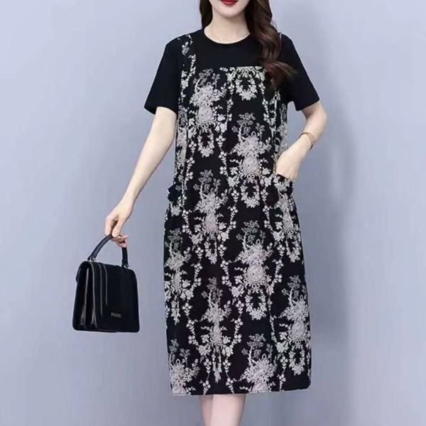 假两件印花连衣裙女夏2025新款遮肚显瘦气质中长不规则a字裙