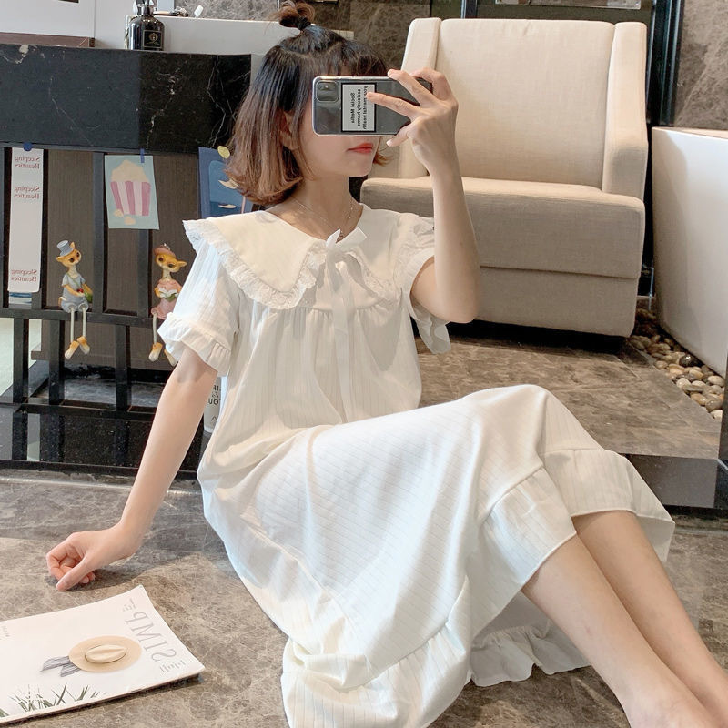 夏季短袖仙女宫廷睡衣女娃娃领甜美可爱公主风抽条睡裙女可外穿女