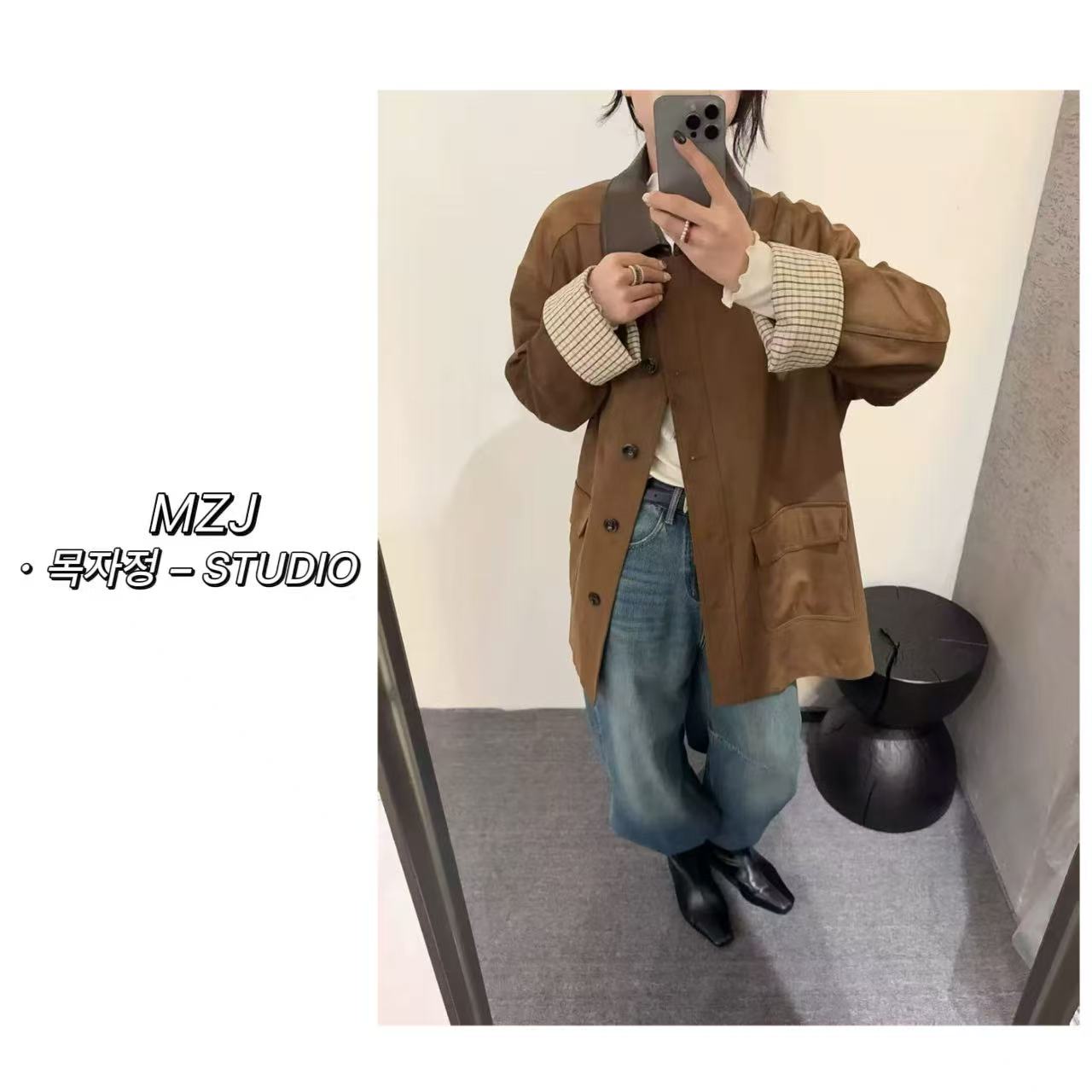 木子静-「巴恩风」韩系百搭拼接大口袋加绒棉服短外套-8032-1