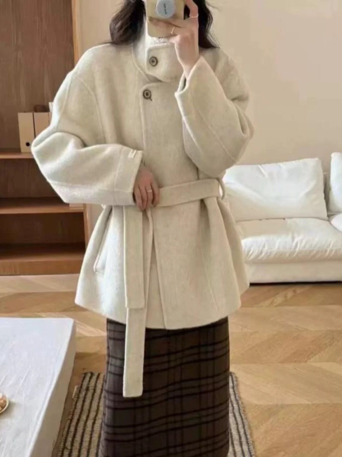 韩版立领显瘦中长款网红外套冬季ins短款毛呢外套