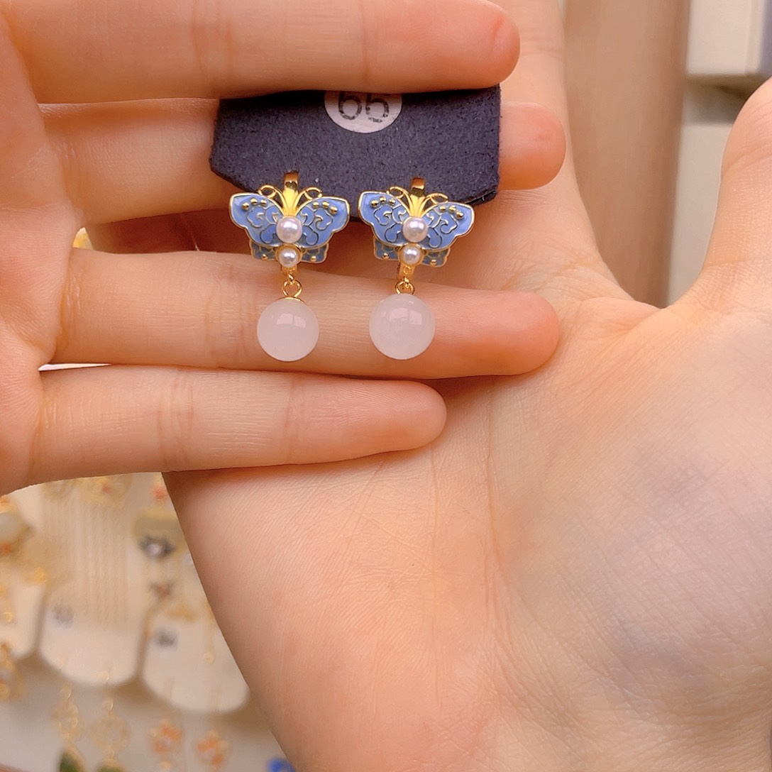 和田玉耳饰银S925镀金镶嵌