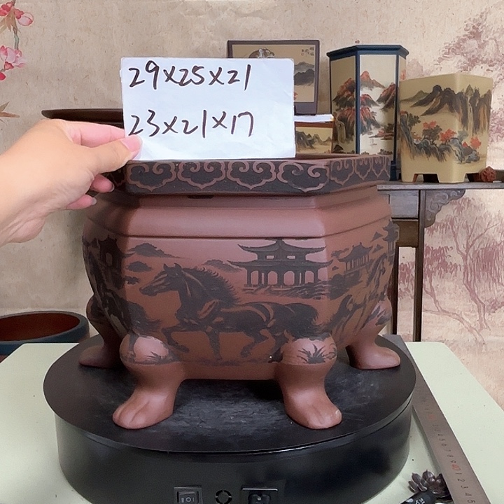 紫砂花盆八骏图紫砂花盆