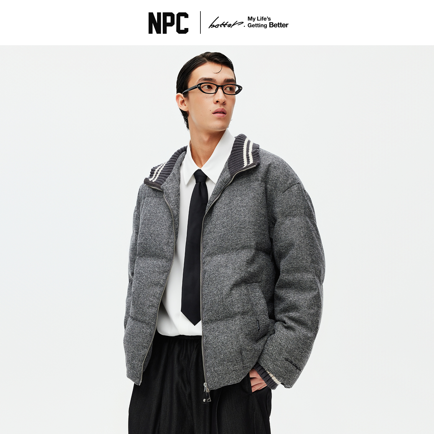 NPC潮牌毛织拼接撞色立领拉链鸭绒羽绒服短款夹克男秋冬NP58DJ40