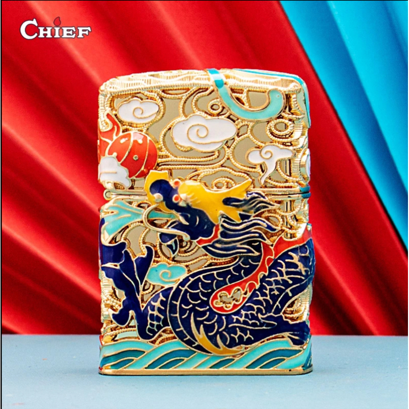 174-龙腾四海金丝珐琅彩重甲镂空防风打火机-火花优品